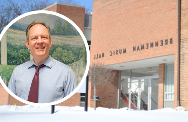 Brenneman Music Hall, a brick building with a glass front door, in the snow. Greg Ramsdell, a middle aged white man wearing a blue shirt and a red tie, is superimposed.